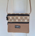3 Zip Mocha Cross Body Purse- Geographic Snowflake-like Print Home Dec Fabric