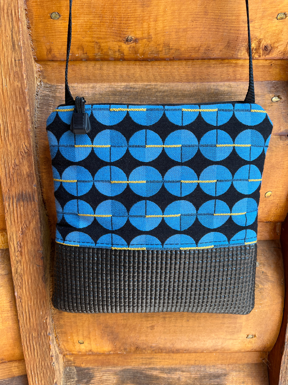 Stella Black Cross Body Purse-Blue Geometric print fabric