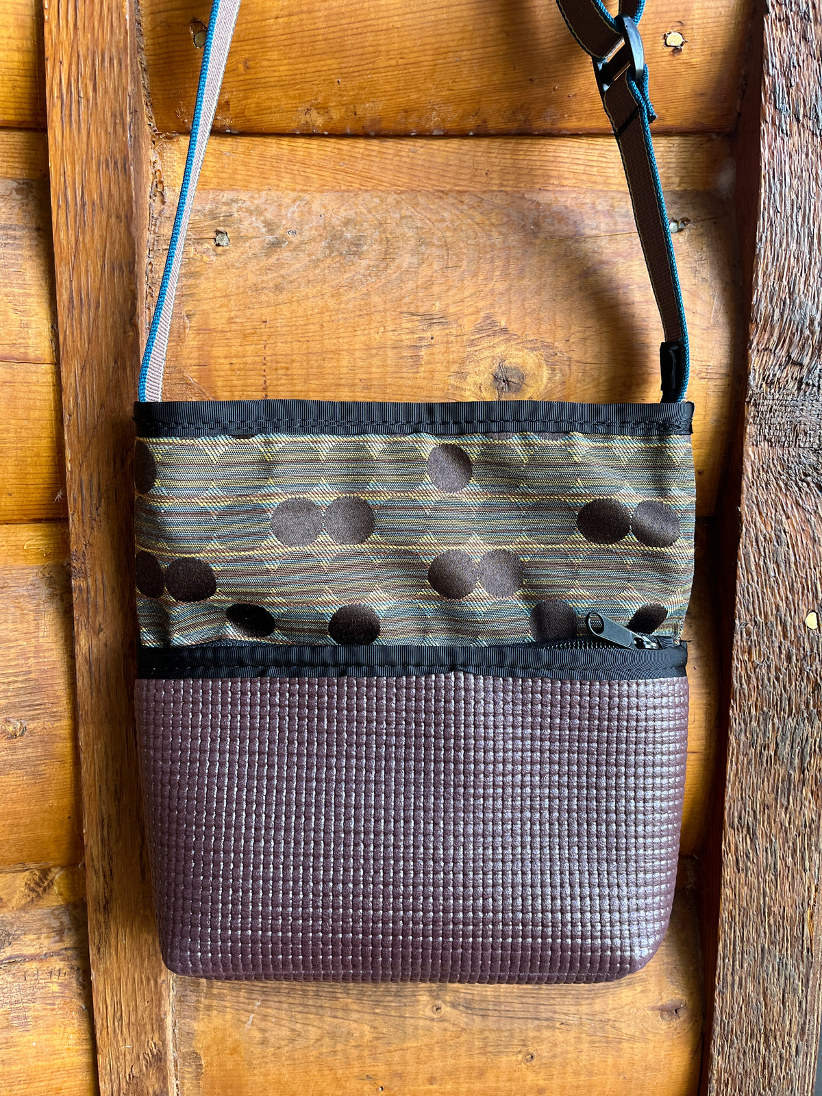 Bernie Brown Crossbody Bag-Dots and Geometric Print Fabric