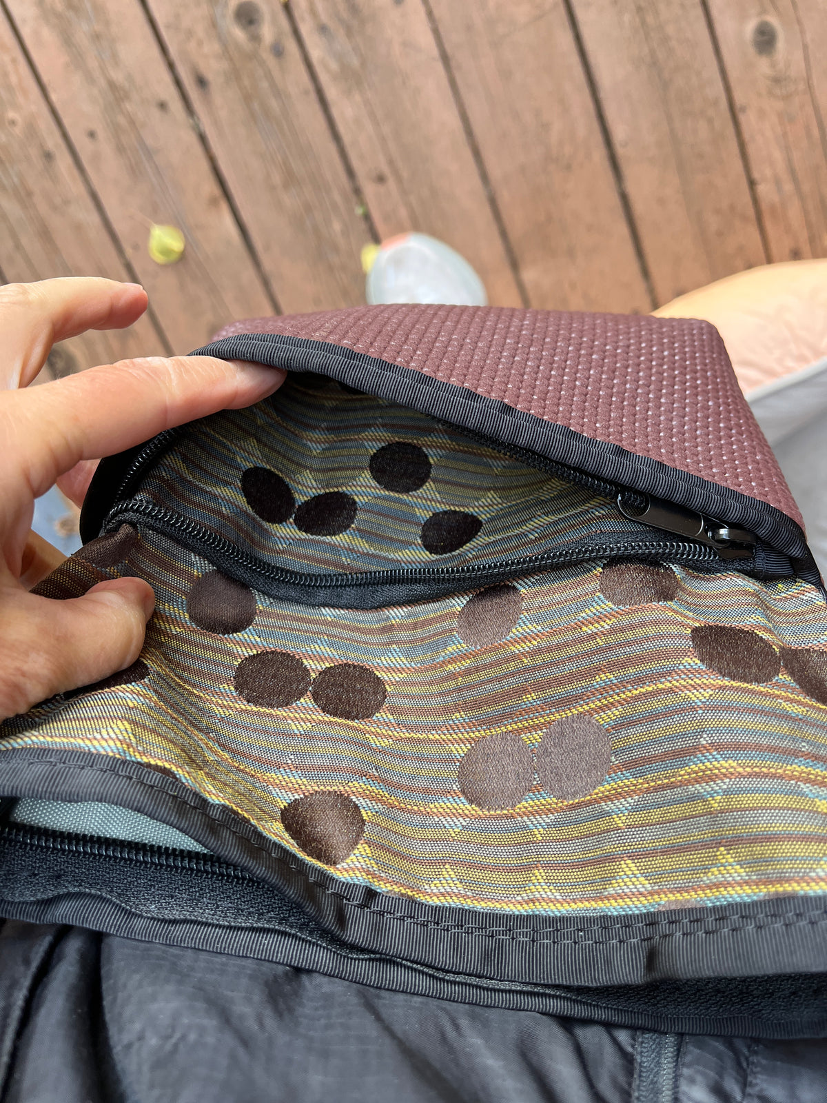 Bernie Brown Crossbody Bag-Dots and Geometric Print Fabric