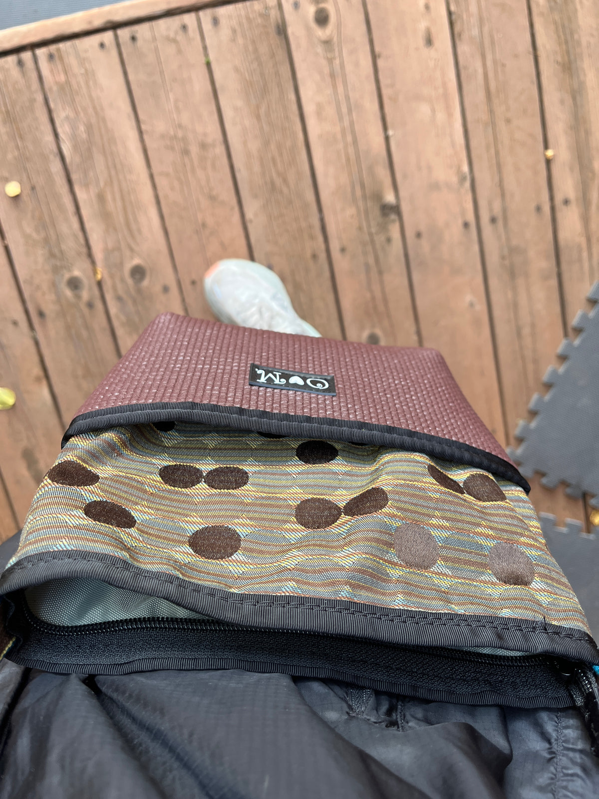 Bernie Brown Crossbody Bag-Dots and Geometric Print Fabric