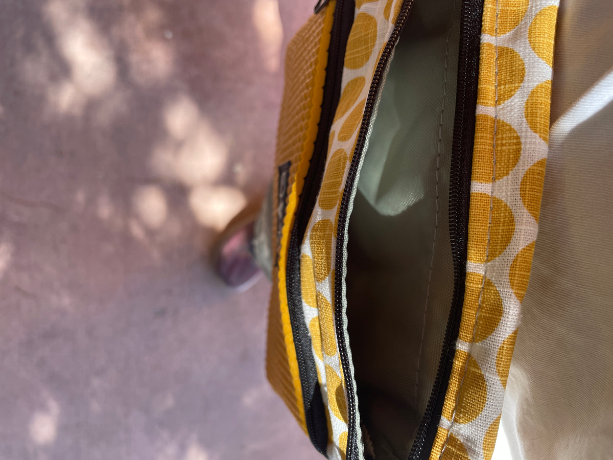 3 Zip Yellow Cross Body Purse-Dots Print Fabric