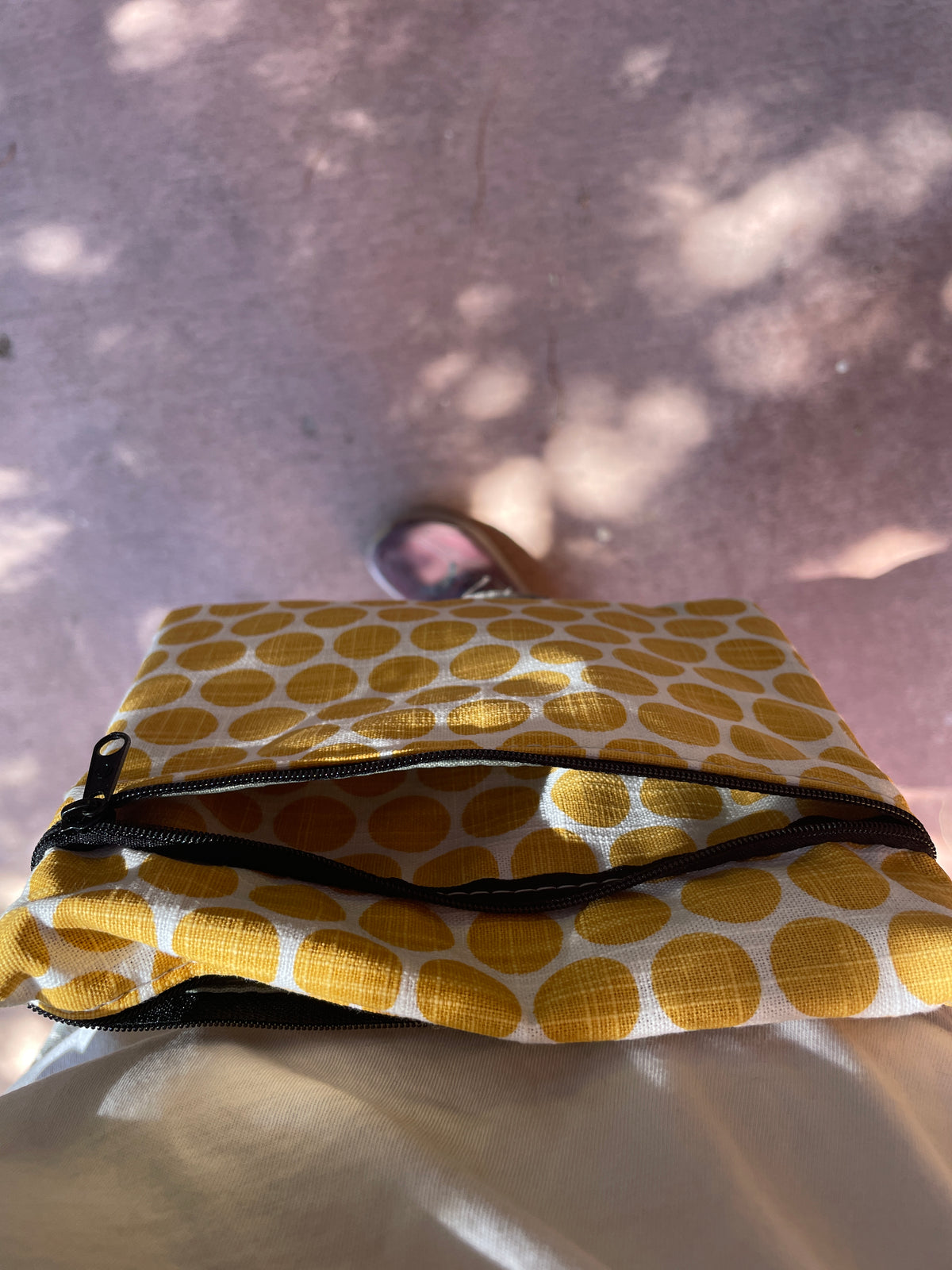 3 Zip Yellow Cross Body Purse-Dots Print Fabric