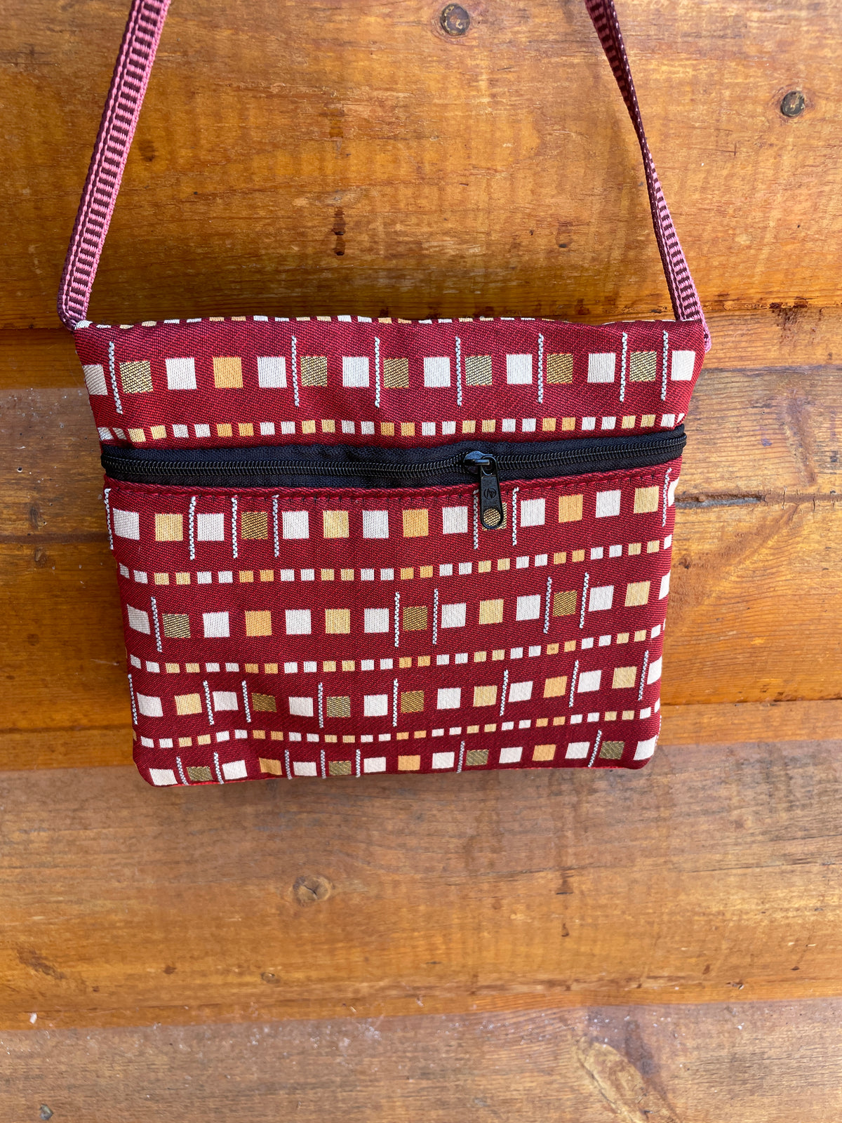 3 Zip Red Cross Body Purse-Geometric Print fabric