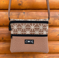 3 Zip Mocha Cross Body Purse- Geographic Snowflake-like Print Home Dec Fabric