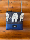 OlovesM Stella Blue crossbody purse with elephant print fabric top and upcycled black yoga mat bottom.