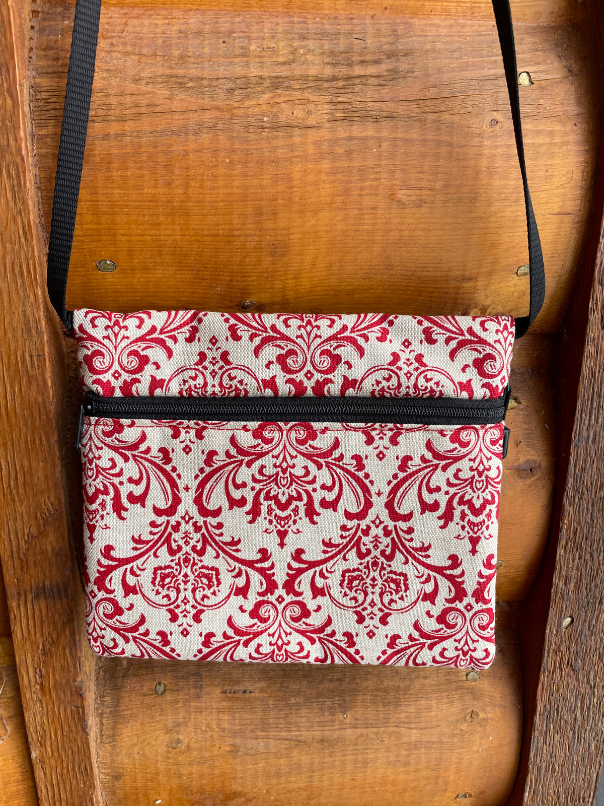 3 Zip Bag Red- Damask Print Fabric