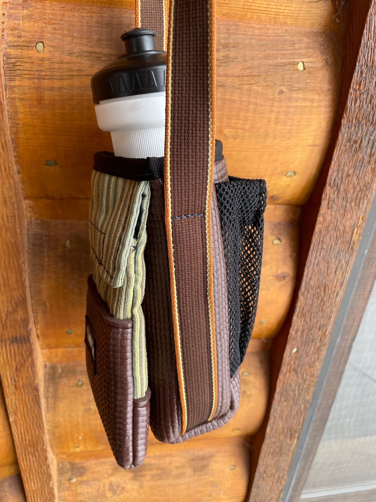 Ajax Brown Water Bottle Holder/ Purse-Stripe Print Fabric