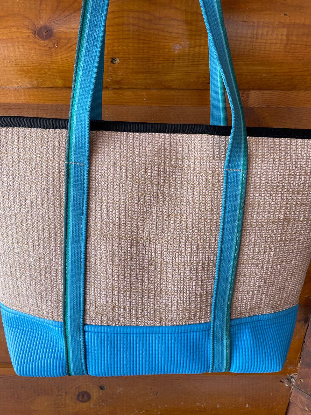 Jute Tote Zipper Top Teal